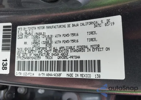 2019 Toyota Tacoma Sr5 V6 z USA, uszkodzony, nr VIN 3TMCZ5AN0KM242359